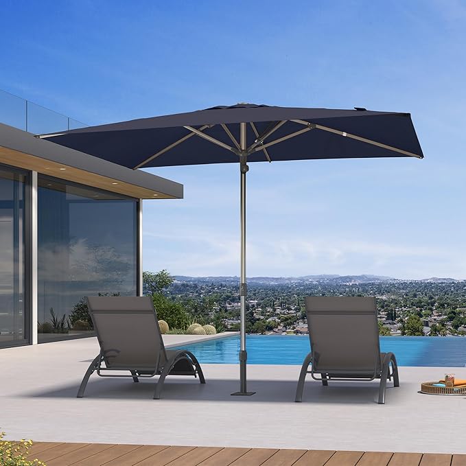 PURPLE LEAF 6 X 10 FT Commercial Rectangle Patio Market Umbrella Semi Auto Heavy Duty 1.9" Aluminum Pole 6 Sturdy Ribs for Outdoor Dining Business Restaurant Poolside Hotel Resort Wedding Venue Cafes Garden Navy Blue
