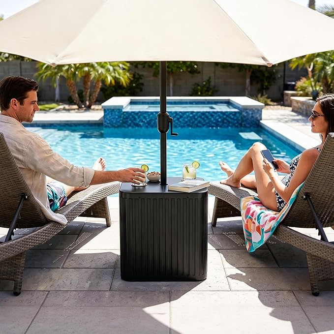 BoYata Umbrella Side Table, 2-in-1 Outdoor Side Table with Umbrella Hole, 15.9 Gallon Fillable Umbrella Stand Base, Heavy Duty & Sturdy, Fit Up to 1.5" Pole, Square Patio Side Table for Poolside, Deck