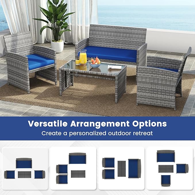 Tangkula 4 Piece Patio Wicker Furniture Set, Outdoor Heavy Duty Rattan Cushioned Chairs, Loveseat and Tempered Glass Coffee Table, for Backyard, Balcony, Poolside (Navy)