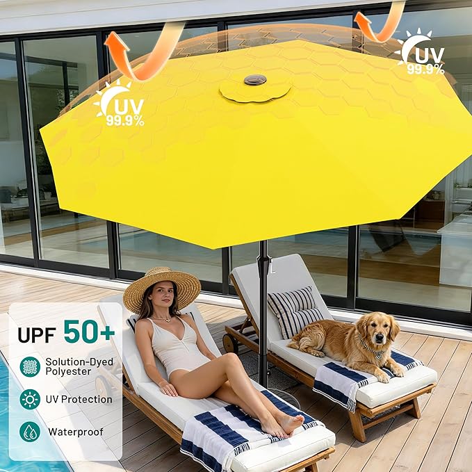 AreShark 10 FT Outdoor Patio Umbrella, Patio Table Umbrella with Push Button Tilt and Crank, Outdoor Patio Umbrellas with 8 Fiberglass Ribs, Patio Umbrellas for Market, Garden, Pool (Yellow)
