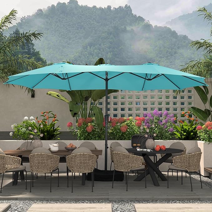 15 ft Patio Umbrella with Base, Large Rectangle Outdoor Umbrella with Matching Stand, Strap, Crank, Blue
