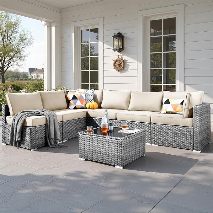 7 PCS Outdoor Patio Furniture Sets,Wicker Weather Resistant Patio Conversation Set with Comfy Cushions,Modular L Shaped Sofa with Coffee Table for Yard Backyard Porch Garden Poolside,Beige