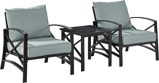 Crosley Furniture Kaplan 3-Piece Outdoor Chair and Side Table Set, Patio Conversation Sets for Porch, Deck, Oiled Bronze with Mist Cushions