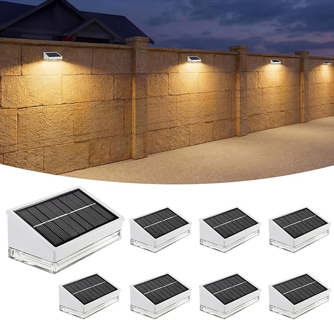 NIORSUN Solar Fence Lights 8 Pack, Outdoor Solar Lights with 3 Color Temperatures, IP65 Waterproof Wide-Angle LED Lighting for Fence, Patio, Yard, Deck, Wall, Garden (White)