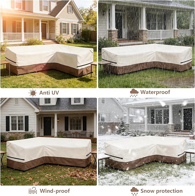okcool Outdoor Sectional Sofa Cover Waterproof-L-Shaped Patio Furniture Covers for 4-Seater Outdoor Sectional Furniture Couch 85”W (Back Length) x 58”W (Right Side),Beige & Brown