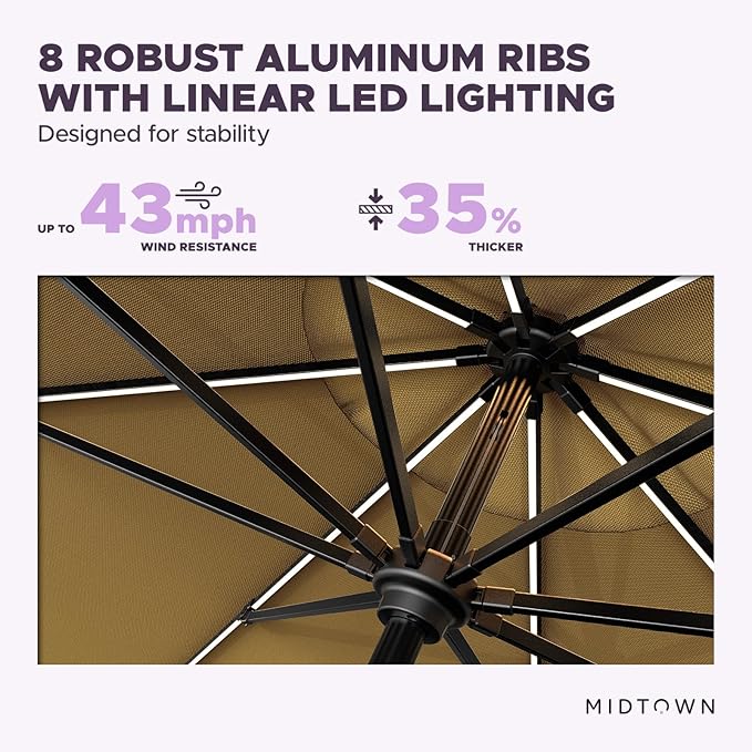 Midtown Umbrellas The LED Swilt 10 Feet Patio Umbrella With Terylast Sand (Tan) Polyester Fabric - Auto-Tilt Aluminum Frame With LED Lights For Backyard, Deck, Garden, Pool - Black Pole