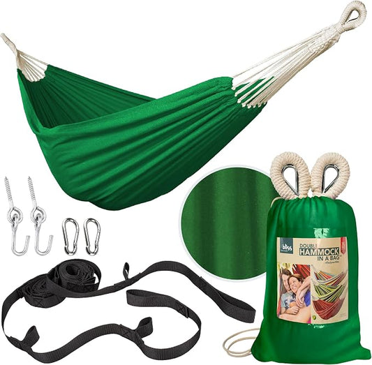 Bliss Hammocks 60" W Double Outdoor Hammock with Hand-Woven Rope Loops & Tree Straps, Patio, Durable, Cotton/Polyester, 265 Lbs Capacity, Green