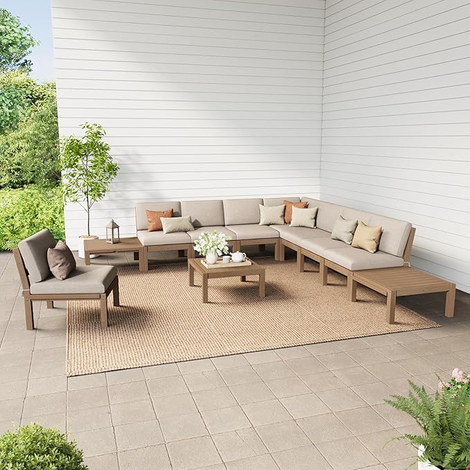 Stoog 11-Piece Patio Conversation Set, 8-Seats Outdoor Sectional Sofa Set - Modular & Waterproof HIPS Frame, Quick-Dry Olefin Cushions, Teak