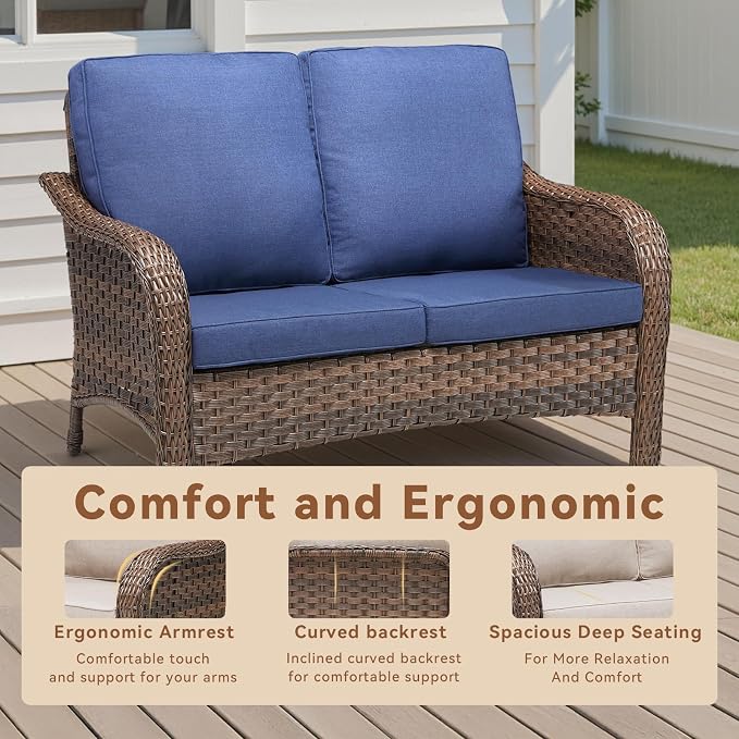 6 PCS Patio Furniture Set, 2 Outdoor Wicker Loveseat Sofas & 2 Swivel Rocking Chairs with 2 Ottomans, 4-Inch Thick Olefin Cushions, 300 lbs Capacity Rattan Conversation Set for Porch, Blue