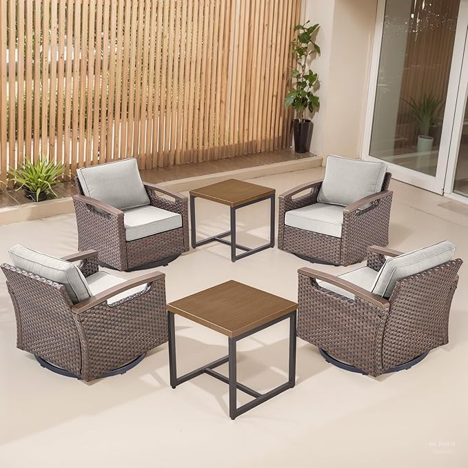 Rilyson 6 Piece Outdoor Patio Swivel Rocking Chairs, All Weather Wicker, Metal Armrest, Deep Seating, Thick Cushions, Side Table, Ideal for Deck Porch Backyard, Brown/Beige