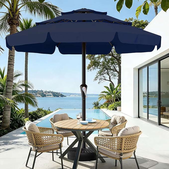 AreShark 11FT 3-Tiers Patio Umbrella with Valance, Outdoor with Crank, Large Outdoor Market Umbrellas Vented with 8 Sturdy Ribs, Patio Table Umbrellas for Garden, Deck, Backyard, Pool, Navy