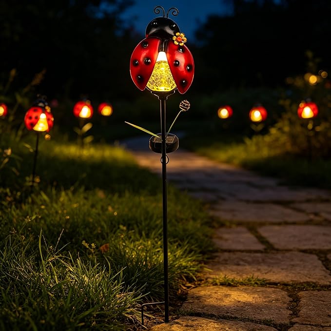 Solar Garden Ladybug Stakes Lights 2 Pack Outdoor Waterproof Metal Ladybug Decorations for Outside Yard Landscape Lawn Ornaments Lady Bug Garden Decor Unique Solar Light Decorative Gardening Gifts