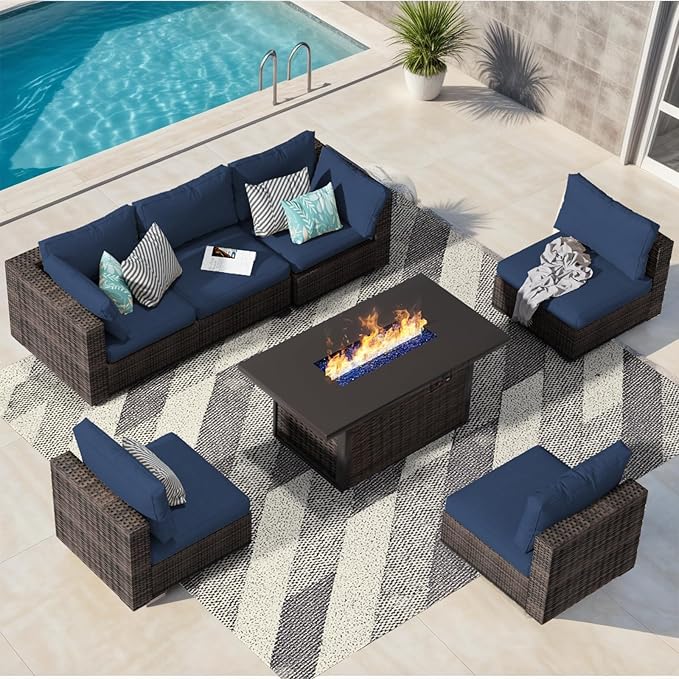 Patio Furniture Set with Fire Pit Table, Outdoor Sectional Rattan Sofa Set, Patio Set Seating Furniture with Thickened Cushions (Blue, 7 Pieces)