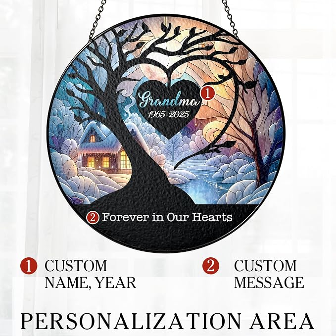 Personalized Memorial Stained Glass Suncatcher - Forever in Our Hearts Christmas Ornament - in Loving Memory Gift for Loss of Loved One - Sympathy Keepsake from Family