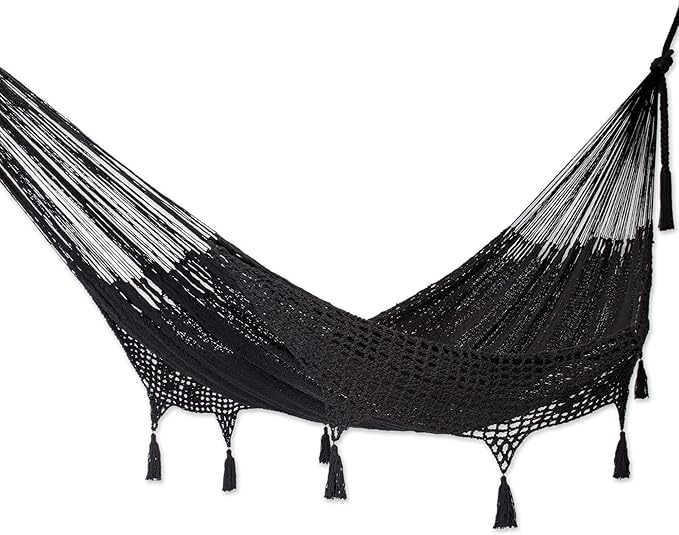 NOVICA Artisan Handmade Cotton Rope Hammock Coal Black Tasseled from Mexico Solid Maya 'Veranda in Black'(Triple)