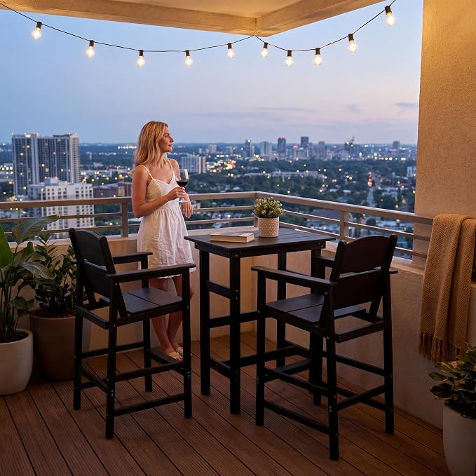HDPE Outdoor Bar Height Chairs Set of 6, 28.5" Seat All-Weather High Top Patio Stools with Backrest, Heavy Duty Patio Bar Stools with Arms, High Top Outdoor Chairs for Deck/Party/Pool, Black