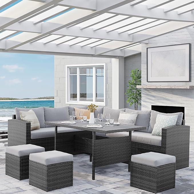 Solaste 7 Piece Patio Furniture Set, All Weather Wicker Patio Conversation Sets with Cushion Seat & Pillows, Outdoor Dining Set, Patio Furniture Outdoor Sectional, Light Grey