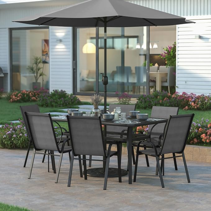 EMMA + OLIVER Bartlett 7-Piece Outdoor Dining Set, Patio Table with Tempered Glass Top and Umbrella Hole, 6 Flex Comfort Textilene Stack Chairs, 60", Gray/Black