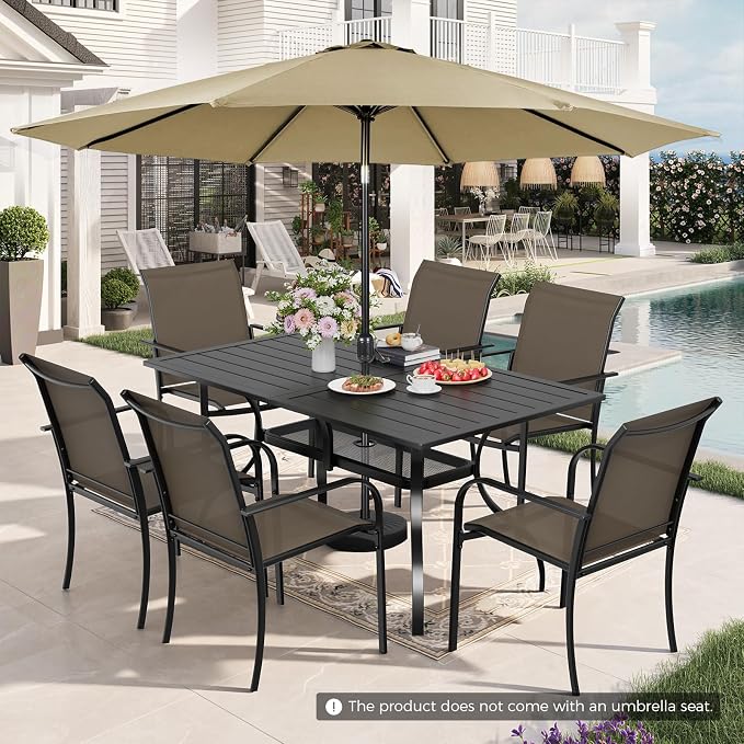 Incbruce 8 Pieces Patio Dining Set with Brown Umbrella, Outdoor Dining Set of 6 Textilene Chairs and Rectangle Table with Umbrella Hole for Backyard, Garden, and Poolside (Brown)