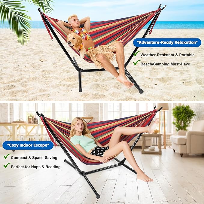 Hammock with Stand for Outside Indoor Heavy Duty Metal Hammock Holds 600lbs Portable Camping Hammock with Carrying Bag for Patio Beach Backyard