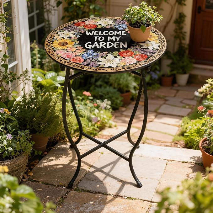 Outdoor Side Table, Versatile Round Small Table for Balcony Yard Porch Rocking Chair and Pool Chair, Weather Resistant Metal Patio Table for Indoor Outdoor Use
