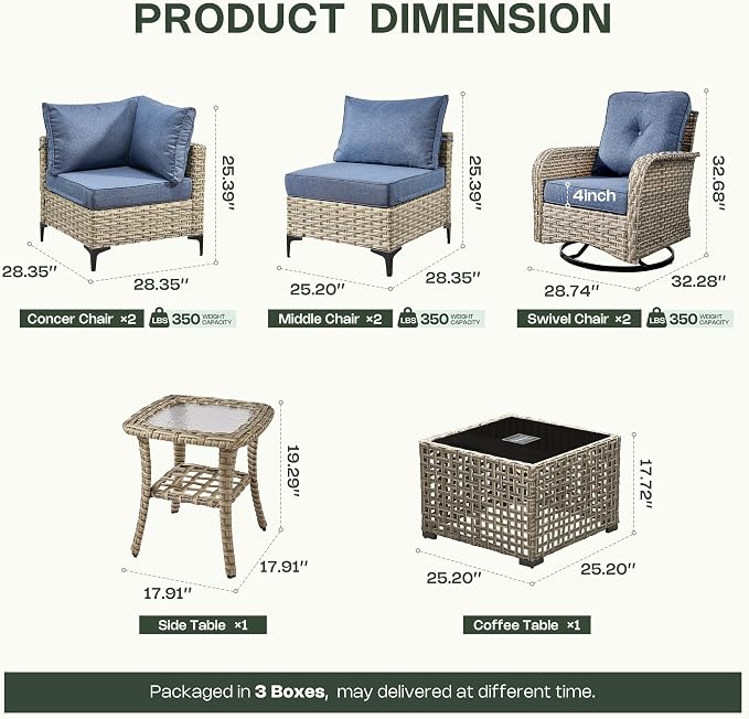 8 Pieces Patio Furniture Set, Outdoor Conversation Set with 360° Swivel Rocker Chairs, Wicker Sectional Sofa & Solar Powered Lighted Table, High Back Outdoor Furniture for Backyard Porch, Denim Blue