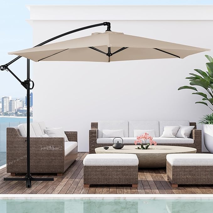 Shintenchi Offset Patio Umbrella with Easy Tilt Adjustment,Crank and Cross Base, Outdoor Cantilever Hanging Umbrella, Sunshade Free Standing Canopy, Khaki