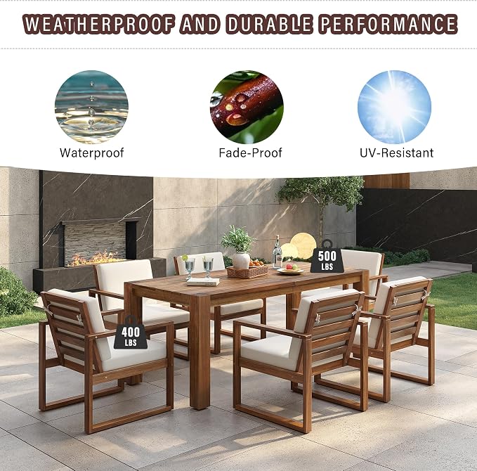 7 Piece Patio Dining Table Set with Umbrella Hole, Outdoor Acacia Wood Furniture Set with Removable Cushion for Garden, Backyard, Lawn, Poolside (Beige,Mocha)