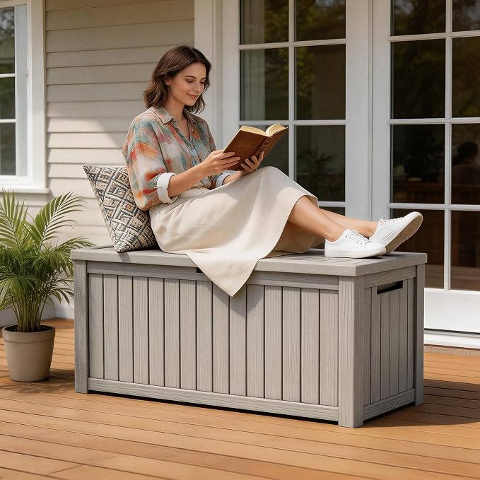 Outdoor Large Storage Cabinet Deck box, 150 Gallons Waterproof Heavy Duty Deck Box, Lockable Patio Storage box for Garden Tools, Lawn Mower, Bike, Trash Cans, Pool Supplies