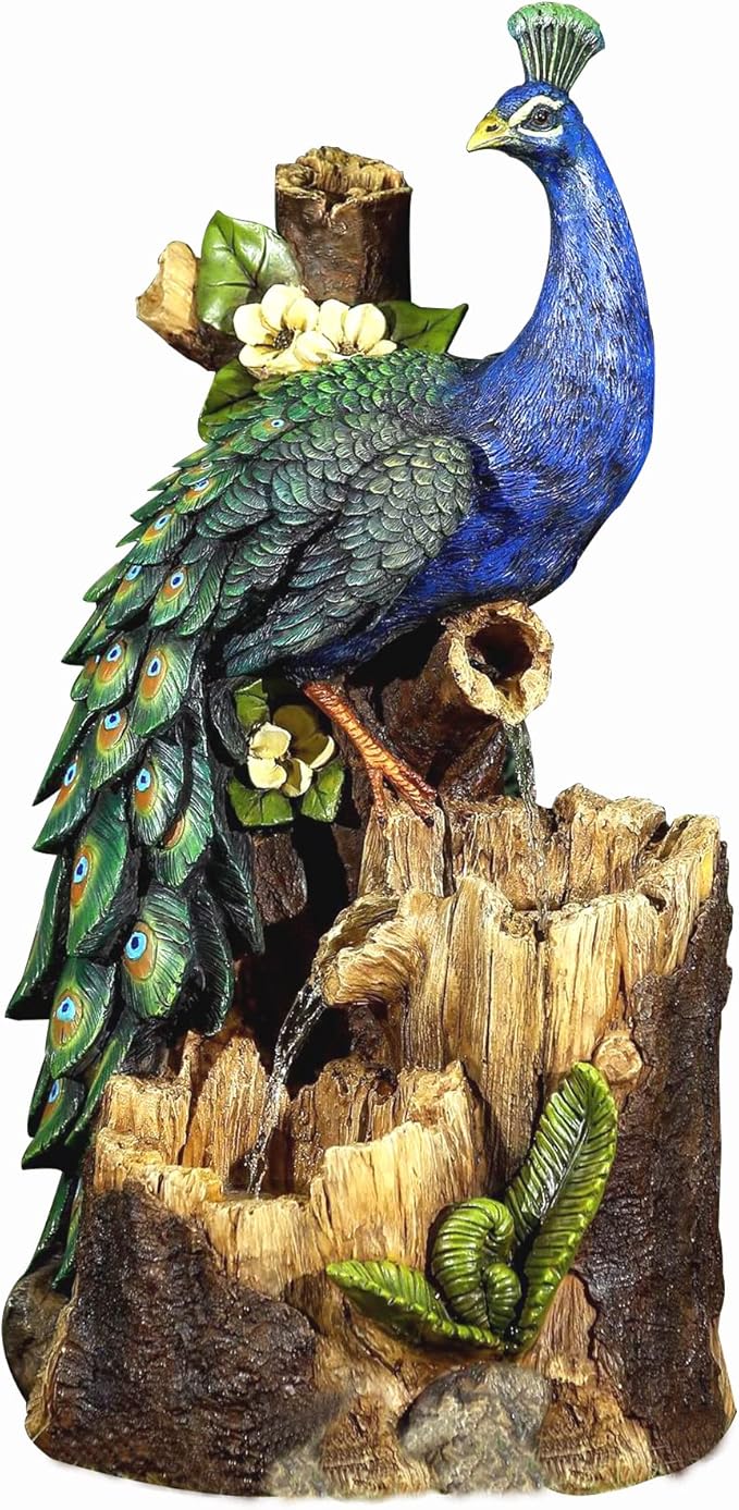 Jeco Peacock Outdoor Fountain in Blue and Brown