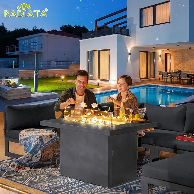 RADIATA Outdoor Aluminum Patio Furniture with Fire Pit Table, Modern Outdoor Patio Furniture Set 11 Pieces, Gray Frame Wide Seat Oversized Sectional Conversation Set for Poolside, Backyard, Grey