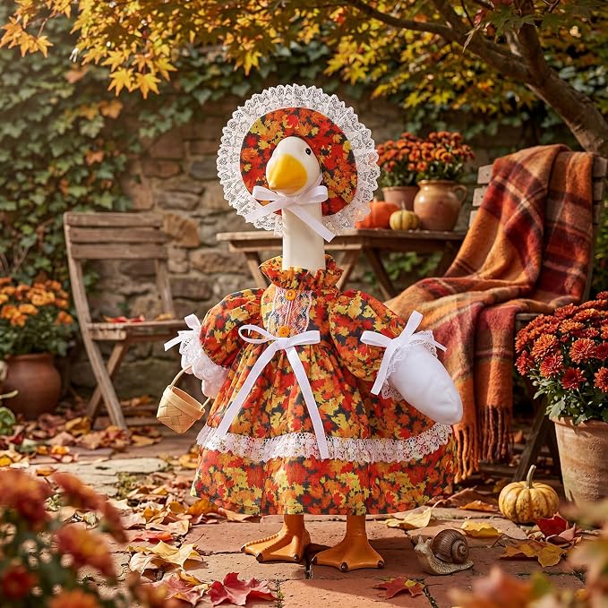 FuWeave Fall Porch Goose Outfit Maple Goose Costume Fancy Porch Geese Clothes with Wide Hat for 23" 17" Outdoor Patio