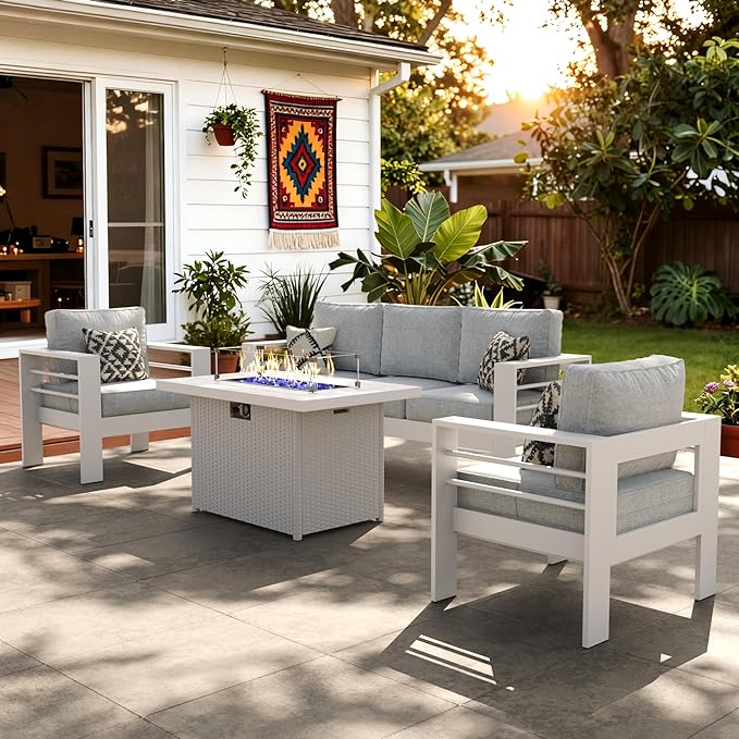 LayinSun Aluminum Furniture Set with Fire Pit Table, 4 Pieces Patio Sectional Conversation Chat Sofa Modern Seating Set