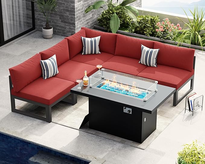 NICESOUL 6 Piece Modern Luxury Oversized Aluminum Outdoor Patio Furniture Set with Fire Pit Table, 29" Deep Wide Conversation Seating with Firepit, 500 lbs Heavy Duty L-Shaped Sectional Couch, Wine