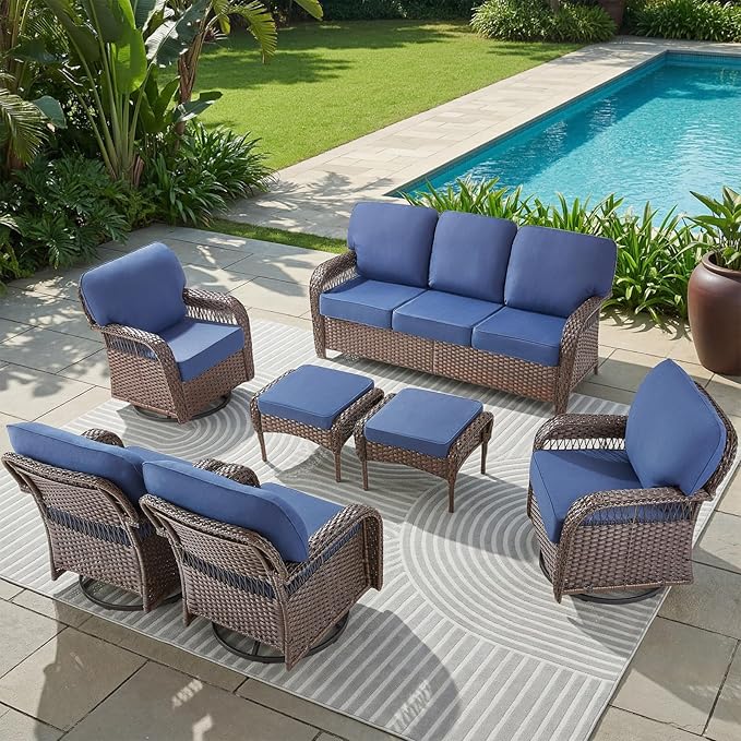 Belord Luxury Patio Furniture Set with 5-inch Thick Cushion, Outdoor High Back Swivel Rocker Patio Chairs, 7PCS Wicker Conversation Set for Deck Yard and Poolside,Blue
