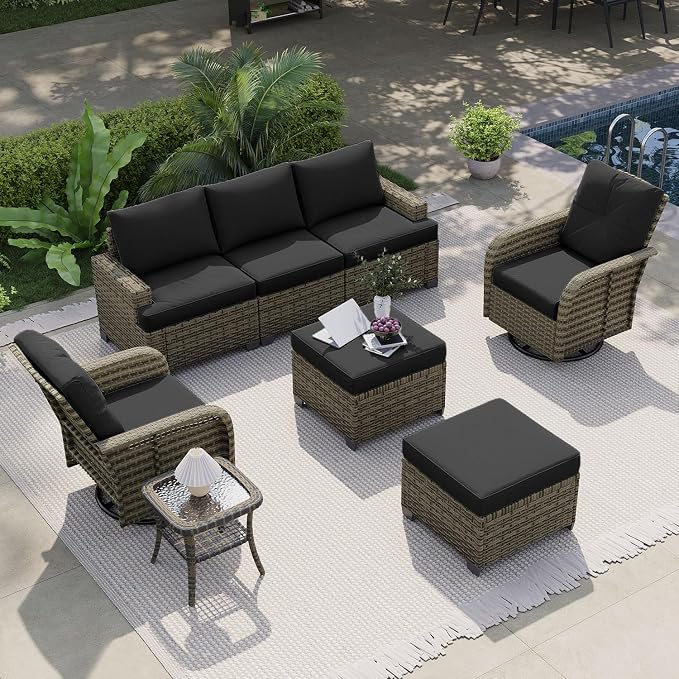 LazySunsets Luxury Patio Furniture Set，All-Weather Patio Sectional Sofas with Thickened Cushions, 8 Piece Outdoor Furniture Sectional Set with Swivel Rocker Chairs of 2，Black