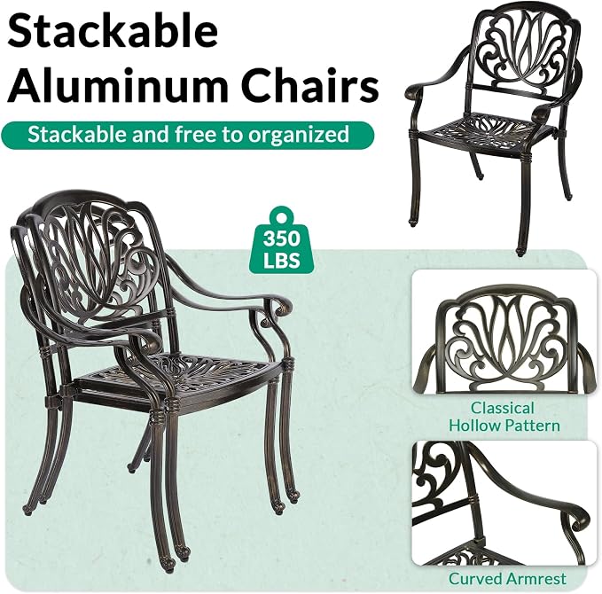 VIVIJASON 3 Piece Cast Aluminum Patio Bistro Set, Outdoor Dining Set with 42" x 24" Rectangular Table and 2 Armchairs, Rust Proof & Weather Resistant Furniture for Small Balcony, Porch, Garden, Deck
