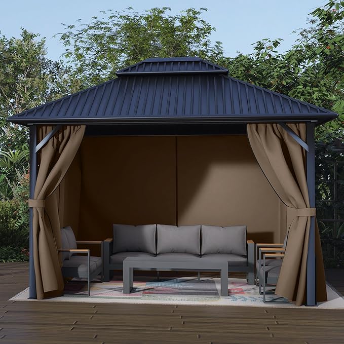Aoodor 10x12 ft Outdoor Gazebo Curtains, 4 Panels Waterproof Privacy Sidewall Replacement with Zipper for Patio Pergola and Canopy, Brown