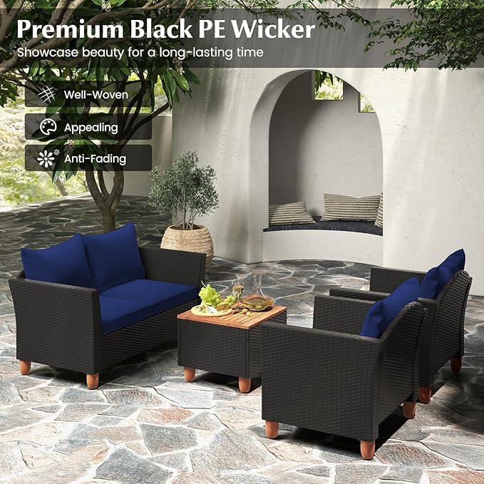 Tangkula 4 Piece Outdoor Conversation Set, Patio Cushioned Chairs w/Storage Coffee Table, Acacia Wood Tabletop & Chair Legs, Patio Wicker Furniture Set for Poolside, Lawn, Porch (1, Navy)