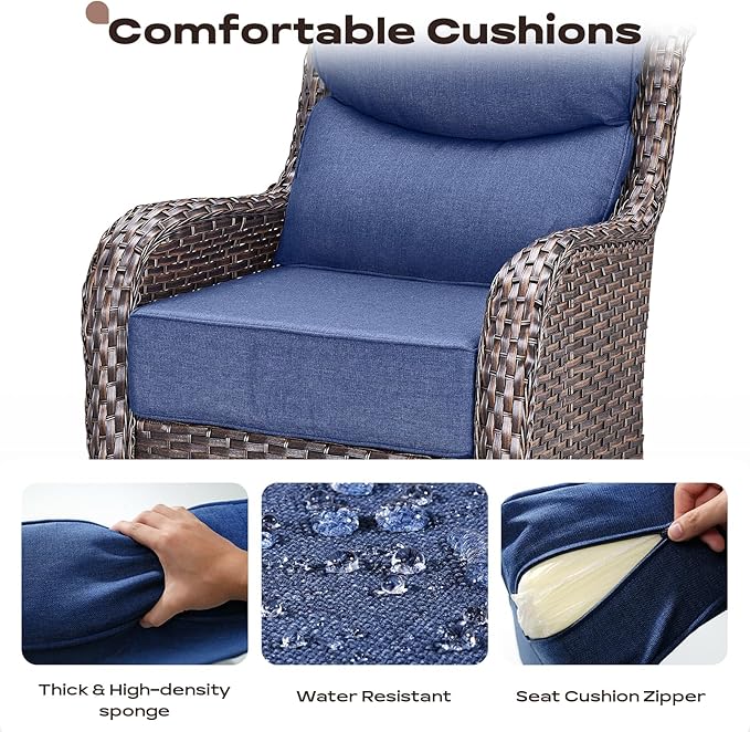 Rilyson Outdoor Patio Furniture Set - Weather Resistant Wicker,High Back,6 inch Cushions,6 Piece Patio Furniture Set with Swivel Rocker Chairs and Side Table for Deck Porch Yard,Brown/Blue