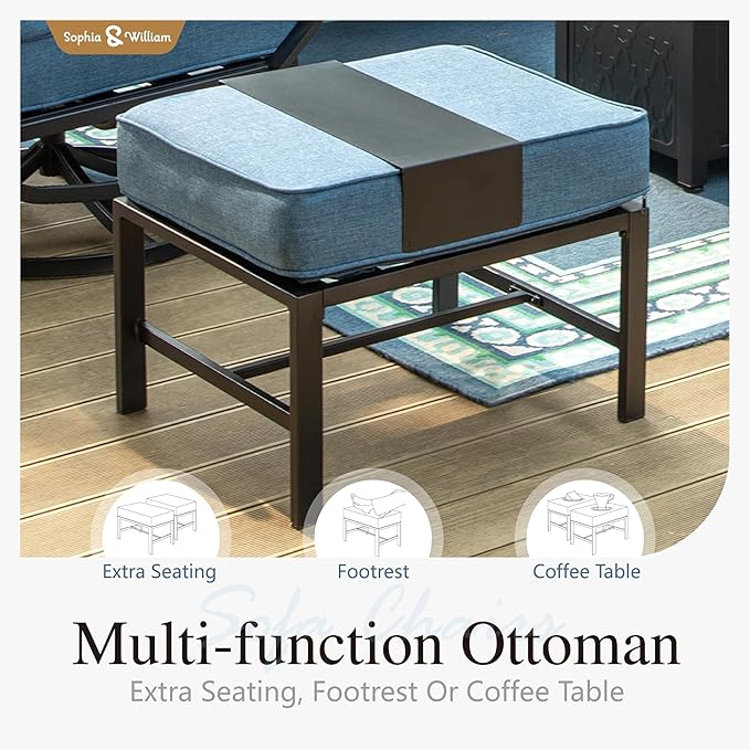 Sophia & William Patio Furniture Sets 7 Seats Outdoor Conversation Set 6 Pcs,2 x Cushioned Swivel Sofa Chairs,1 x 3-Seat Sofa,2 Ottomans, Marbling Metal Coffee Table Patio Backyard Poolside Navy
