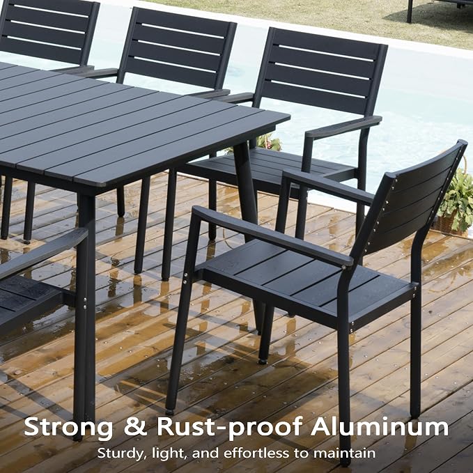 7-Piece Outdoor Dining Set for 6 Person with Black Wood-Grain Top | Armrest Stackable Chairs with 19.4" Seat Depth, Aluminum Frame Dining Furniture with Umbrella Hole for Deck, Porch & Backyard
