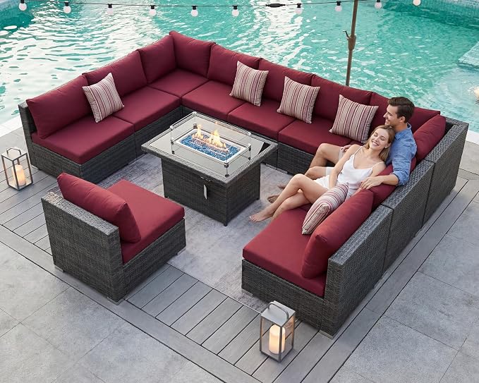 BULEXYARD 11 Piece High Back Patio Furniture Set with Fire Pit Table, Oversized Comfy Deep Wide Seat Outdoor Sectional Sofa, All-Weather Wicker Modular Conversation Couch 10-Seats for Deck, Grey & Red