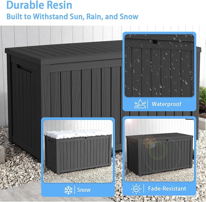Pepe Tee Waterproof Resin Deck Box, Outdoor Storage Bin for Patio Furniture Cushions, All-Weather Garden Organizer & Seating Bench, Black