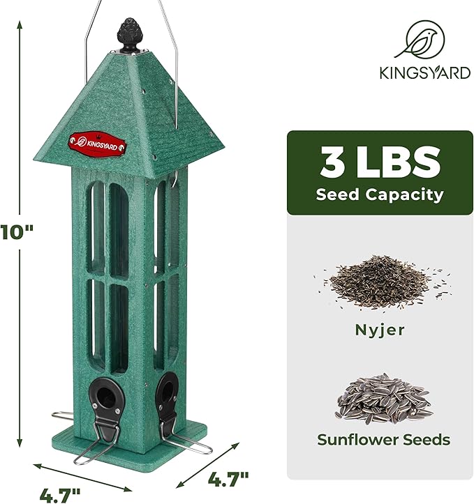 Kingsyard Rainproof Bird Feeder for Outdoor Hanging, 3 lbs Large Recycled Plastic Wild Bird Feeder with 4 Metal Ports, Garden Yard Decorations for Cardinal Finch, Green