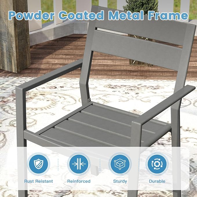 DIFY 5 Piece Outdoor Patio Dining Set for 4, Patio Table and Chairs Set with Umbrella Hole, 37.8" Square Dining Table and Stackable Metal Chairs for Backyard Garden Poolside, Grey