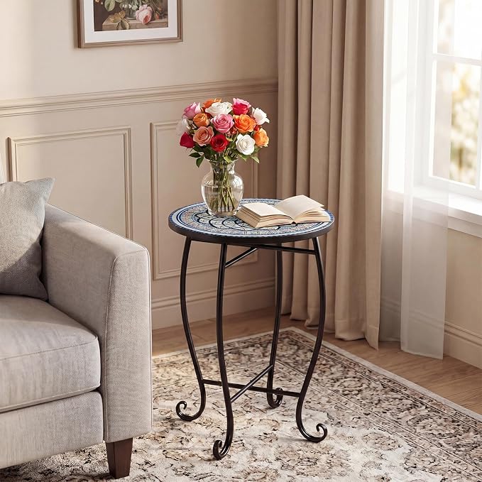 Giantex Outdoor Side Table, Blooming Lotus Mosaic Patio Accent Table, 14" Coffee End Table, Indoor Outdoor Metal Plant Stand for Porch Garden Balcony Desk