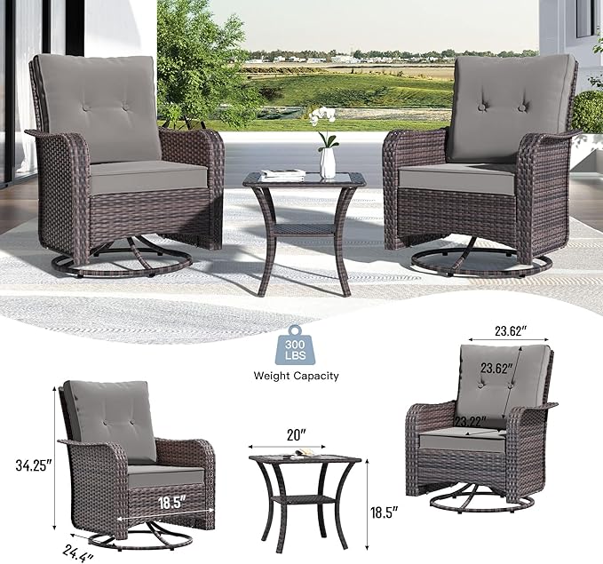 Kullavik 3 Pieces Patio Furniture Set,Outdoor Swivel Glider Rocking Chairs Set,Front Porch Furniture Patio Conversation Sets with Side Table for Balcony Deck Backyard,Grey