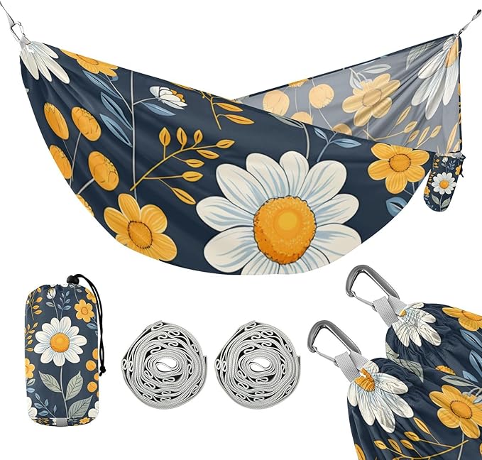 Floral Chamomile Pattern Dark Blue 330lb Capacity Outdoor Hammocks with Hanging Rope Portable Hammock for Indoor Outdoor Patio Bases para hamacas para adultos