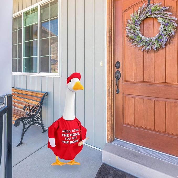CAMDUCK Funny Porch Goose Outfit for 23 Inch Goose Statue, Mess with The Honk You Get The Bonk Goose Clothes, Decorative Lawn Geese Costume Clothing for Outdoor Decor (Red)
